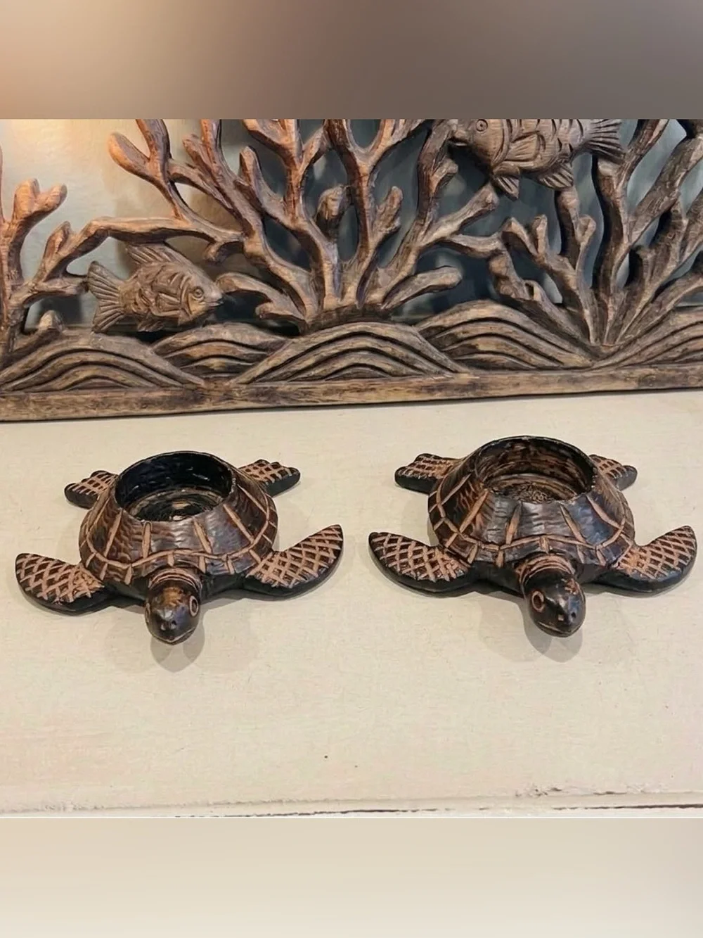 CAST IRON SEA TURTLES VOTIVES CANDLEHOLDER COASTAL DECOR SET OF 2